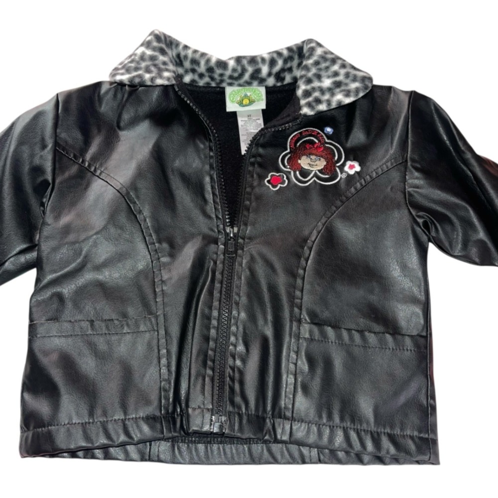 Cabbage Patch Kids Black Toddler Girls  Jacket Size 3T Faux Leather Embroidered